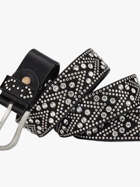 Black Crystal-Embellished Women's Leather Belt